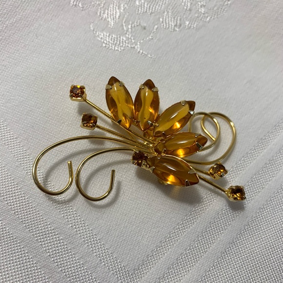 Vintage Amber Rhinestone Brooch Pin Gold Tone Large Marquise Small Square - Picture 7 of 12